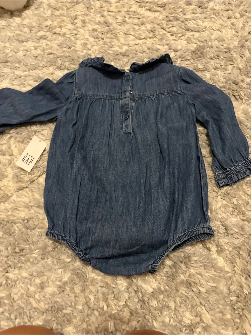GAP Denim-Style Baby Romper with Pink Floral Embroidery
